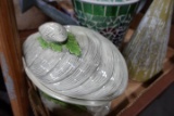 CLAM SERVING BOWL AND SALT AND PEPPER CRACKLE GLASS WATERER WOODEN WEATHER