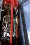 METAL TOOL BOX WITH TOOLS INCLUDING DRILLS BITS PLIERS SOCKETS WRENCHES SCR