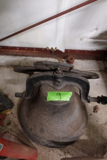 ANTIQUE DINNER BELL WITH BRACKET APPROX 16 INCH ACROSS
