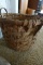 ANTIQUE OAK STRIP BASKET WITH DOUBLE HANDLES STANDS 13 INCH TALL X 17 INCH