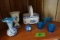 SHELF LOT INCLUDING BLUE HOB NAIL POTTERY ARTGLASS