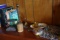 SHELF LOT INCLUDING COSTUME JEWELRY ANTIQUE POTATO MASHER AND IRON AND HARD