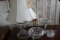 TABLE LOT INCLUDING ANTIQUE CONVERTED OIL LAMP CUT GLASS BOWLS AND PITCHER