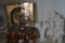 SHELF LOT INCLUDING CAPADEMONTE FIGURINES MOUSE FIGURINES MANTEL CLOCK ETC