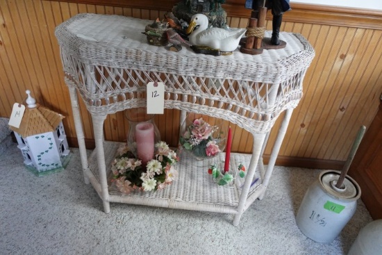 WICKER CONSOLE TABLE WITH FLORAL CANDLE HOLDERS