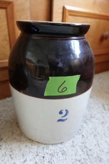 2 GALLON BROWN AND WHITE SALT GLAZED CROCK
