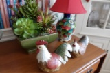 CONTENTS OF CART INCLUDING COVERED CAKE DISH STRAWBERRY DISHES AND SERVING