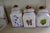 SET OF THREE KITCHEN CANISTERS AND DRAWER FULL OF KNIVES ETC