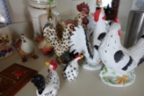 COUNTER TOP LOT INCLUDING SALT AND PEPPERS CANISTERS ROOSTERS COVERED CAKE