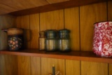 SHELF LOT INCLUDING BALL JARS GLASS TOPS AGATE WARE WOODEN COLLECTIBLES AND