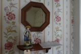 SMALL SHELF LOT WITH FIGURINE FARM BOY SMALL OCTAGON MIRROR