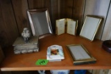 3 SHELF LOTS INCLUDING MISC SIZE PICTURE FRAMES AND TROPHY