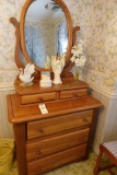 3 PC OAK BEDROOM SET INCLUDING FULL SIZE BED BUREAU WITH OVAL MIRROR AND GL