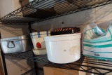 WIRE RACK AND CONTENTS INCLUDING CLEANING SUPPLIES FLOWER POTS BUCKETS ETC