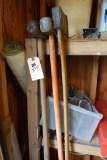 SHELF LOT INCLUDING SLEDGE HAMMER AX STRAWBERRY BOXES BEEHIVE SMOKER