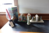 DESK TOP LOT INCLUDING BLUE BIRD BOOK ENDS GARDEN BOOK ENDS WASTE BASKET FI