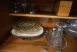 CONTENTS OF CABINET INCLUDING SERVING PLATTERS STEMWARE AND SILVER TRIM BOW