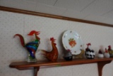 CONTENTS OF SHELF INCLUDING ROOSTERS STRAWBERRY DISH AND STRAWBERRY SIGN