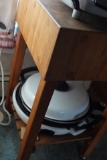 SMALL CHOPPING BLOCK ON CASTERS KIMBALL APPROX 31 INCH TALL X 18 X 18 WITH