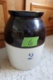 2 GALLON BROWN AND WHITE SALT GLAZED CROCK