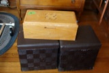 2 SMALL STORAGE STOOLS AND HARDWOOD BOX