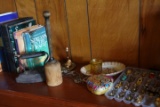 SHELF LOT INCLUDING COSTUME JEWELRY ANTIQUE POTATO MASHER AND IRON AND HARD