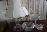 TABLE LOT INCLUDING ANTIQUE CONVERTED OIL LAMP CUT GLASS BOWLS AND PITCHER