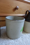 SMALL SALT GLAZED CROCK 8 INCH WITH MINIATURE TOY IRON AND STONE MINIATURE