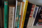 3 SHELVES OF HARDBACK BOOKS WITH HYMNALS BIBLES FIRST AID BOOKS AND MORE