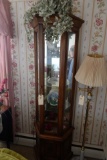 LIGHTED CURIO CABINET WITH CONTENTS FIGURINES AND DISHES