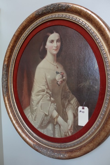 REPRODUCTION STYLE OIL PAINTING VICTORIAN LADY GOLD OVAL FRAME APPROX 35 IN
