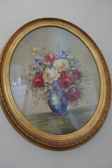 FLORAL STILL LIFE PRINT OVAL GOLD FRAME APPROX 16 INCH