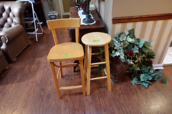 TWO BAR STOOLS AND ARTIFICIAL PLANT