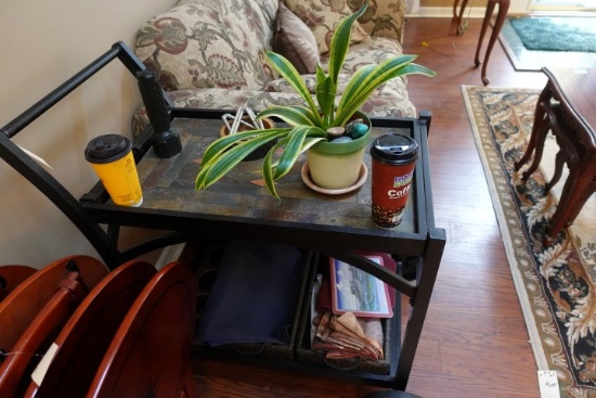 SLATE TOP BAR CART WITH BOTTLE HOLDERS AND CONTENTS