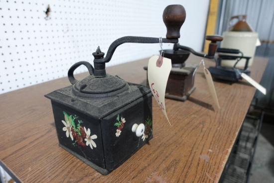 ANTIQUE COFFEE MILL WITH HAND PAINTED BOX STRAWBERRY DESIGN
