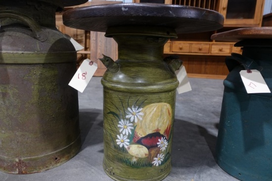 ANTIQUE MILK CAN HAND PAINTED CONVERTED TO TABLE