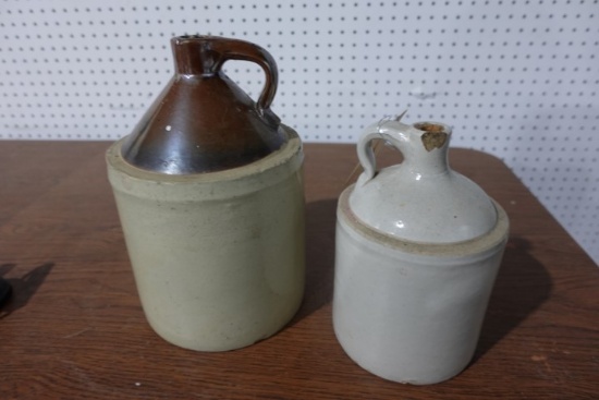 TWO SALT GLAZED WHISKEY JUGS 1 GAL AND 1/2 GALLON SOME DAMAGE