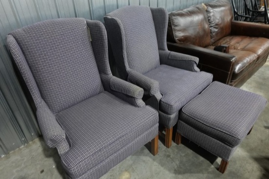 PAIR WING BACK CHAIRS WITH ONE OTTOMAN