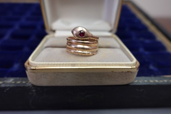 14KT ROSE GOLD SNAKE RING WITH RED STONE 4.4 DWT