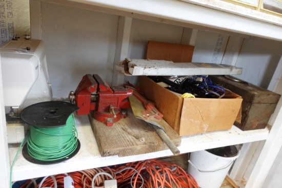 MIDDLE SHELF OF SHED INCLUDING TOOL BOXES VISES BATTERY CHARGER PAINTING SU