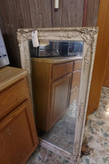 BEVELED WALL MIRROR WITH ANTIQUE FRAME APPROX 45 X 23