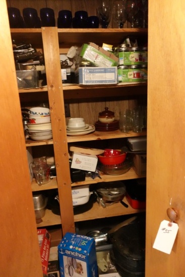CONTENTS OF KITCHEN PANTRY INCLUDING STEM WARE CAST IRON FRYING PANS NEW BA