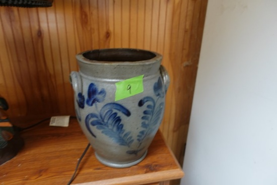 ANTIQUE SALT GLAZE CROCK WITH BLUE FERN FLOWERS DOUBLE EAR APPROX 12 INCH T