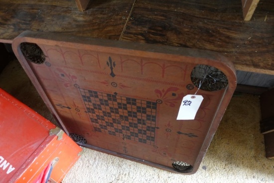 EARLY WOODEN CHECKER BOARD GAME TABLE WITH ROPE POCKETS APPROX 3 FEET
