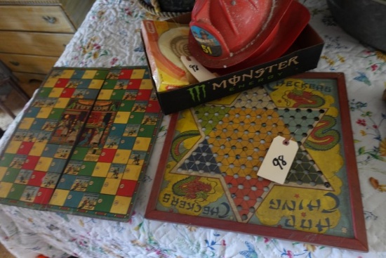 TWO EARLY GAME BOARDS AND EMERGENCY 51 PLASTIC HELMETS