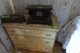 3 DRAWER BUREAU AND CONTENTS INCLUDING EARLY METAL CRANK HANDLE MACHINE AND