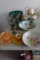 TABLE LOT INCLUDING WINE GLASSES HAND PAINTED BOWLS COFFEE SET AND MORE
