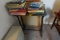 SMALL END TABLE WITH REFERENCE BOOKS ON ROSEVILLE POTTERY DEPRESSION GLASS