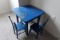 CHILDS ANTIQUE BLUE PAINTED TABLE AND TWO CHAIRS