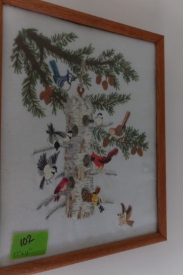 FRAMED NEEDLE POINT BIRDS IN PINE TREE